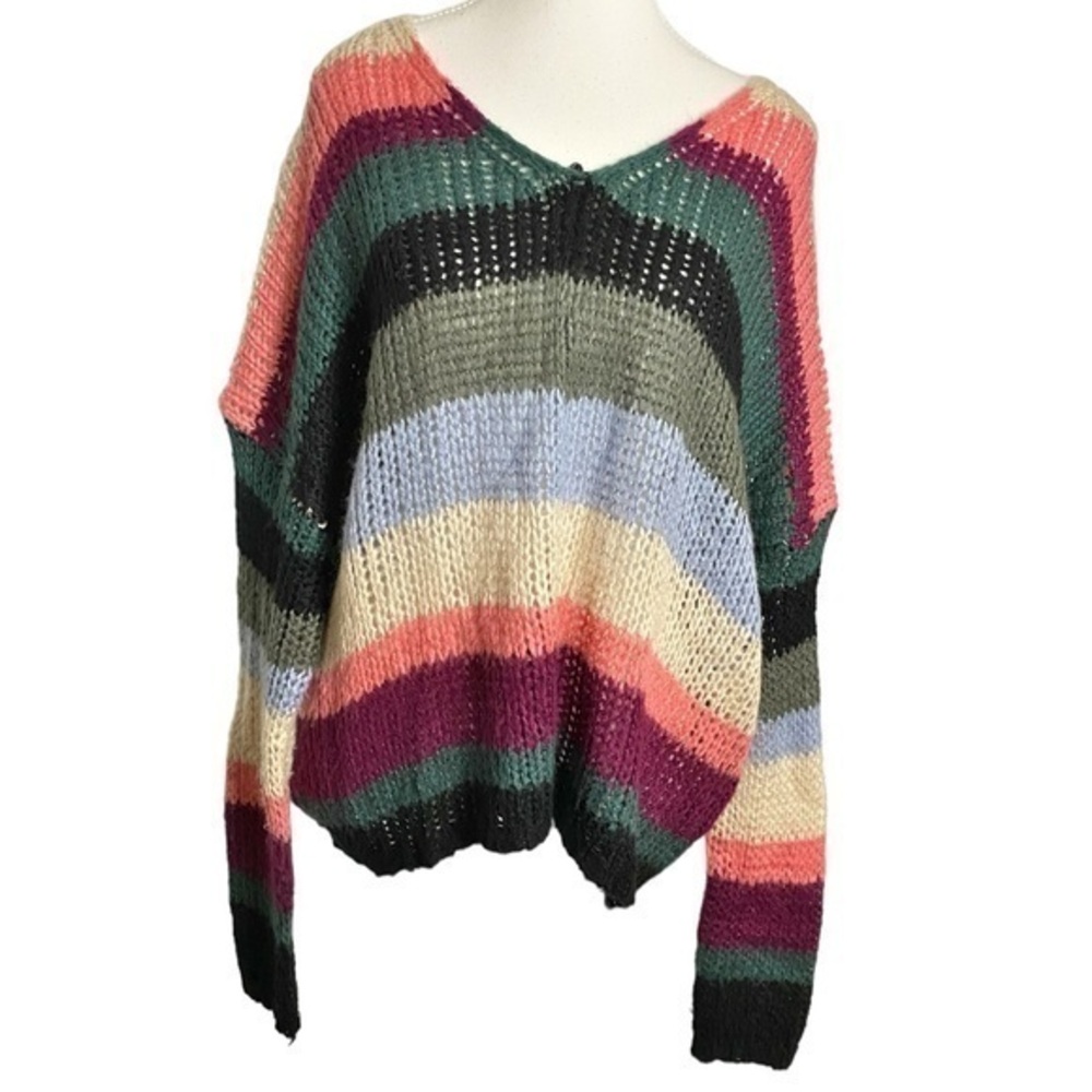 Elan Open Knit V-Neck Long Sleeve Striped Sweater